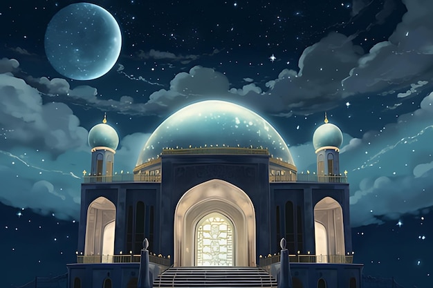 Une mosquée avec une pleine lune en arrière-plan