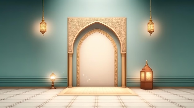 Une mosquée avec une porte blanche et une lanterne.