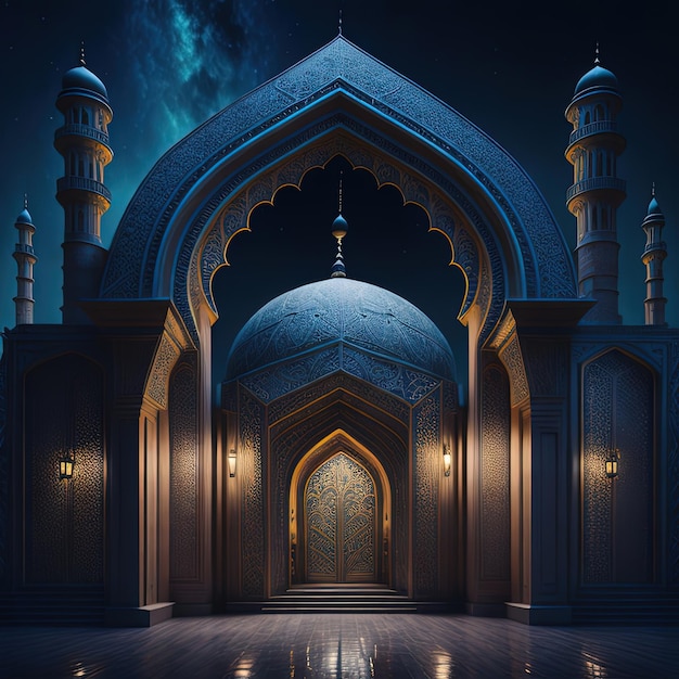 Une mosquée avec une porte bleue et des lumières dessus