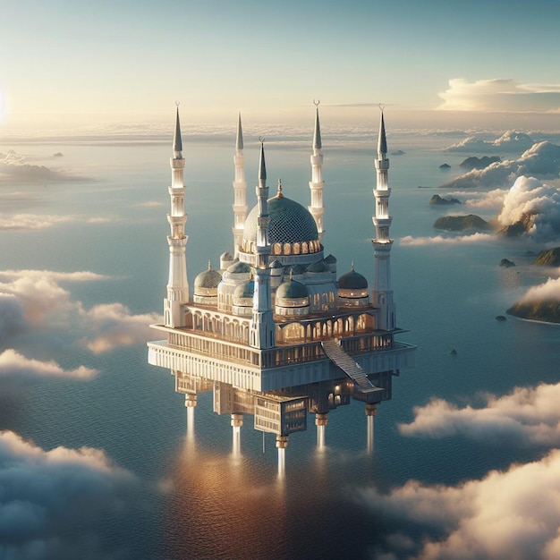 une mosquée qui flotte sur la mer sans fin générée par l'IA