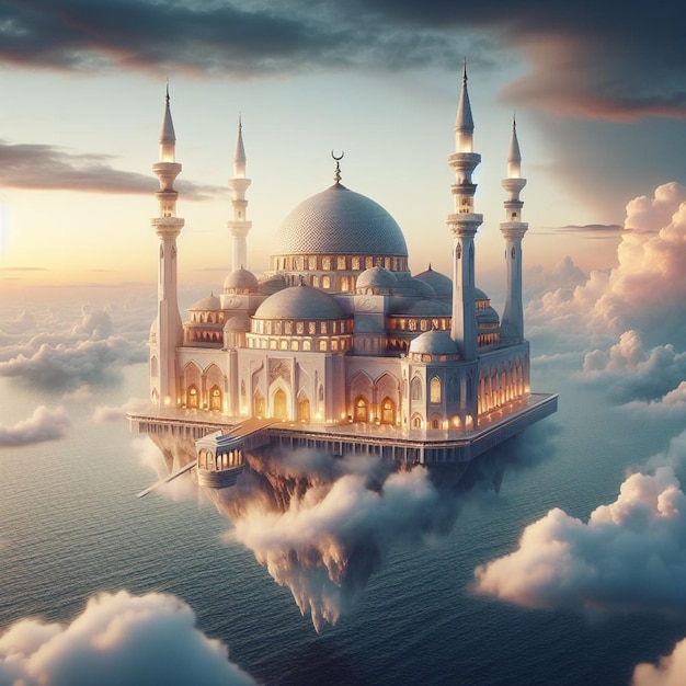 une mosquée qui flotte sur la mer sans fin générée par l'IA