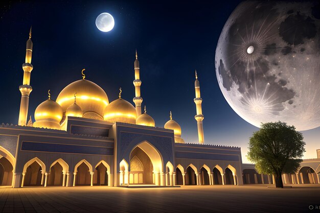 Mosquée Ramadan Kareem Nuit lune Concept islamique Bannière de minarets Masjid Generative AI