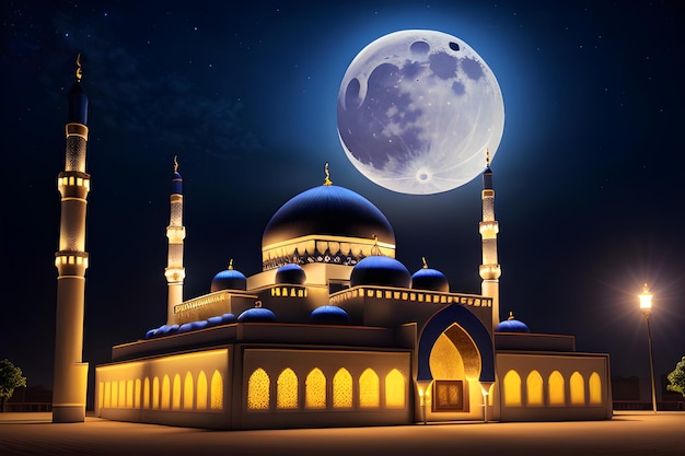 Mosquée Ramadan Kareem Nuit lune Concept islamique Bannière de minarets Masjid Generative AI