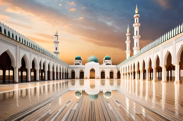 Photo une mosquée avec le reflet d'une mosquée dans l'eau.