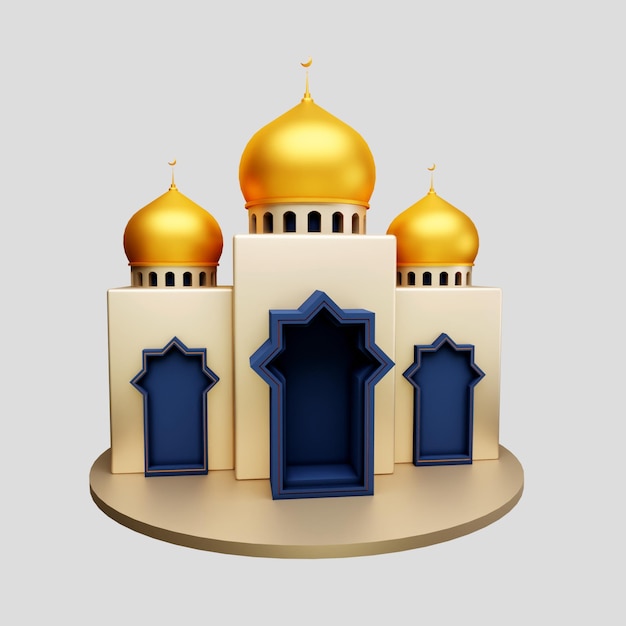 Une mosquée de rendu 3d avec une porte bleue et une bordure dorée