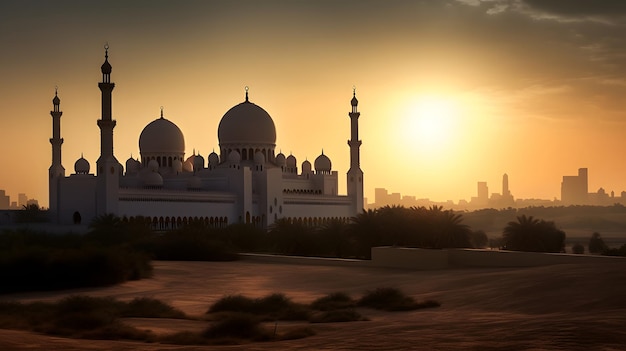 Mosquée seikh zayed dans le désert avec le modèle de coucher de soleil pour le fond du ramadan et de l'aïd