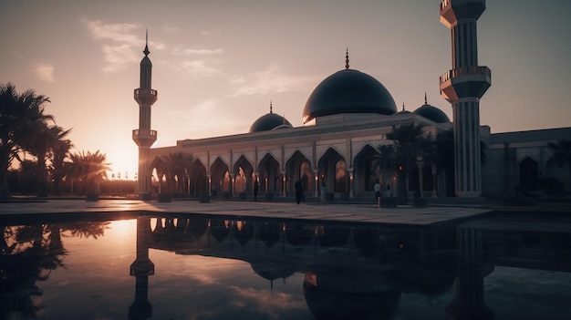 Une mosquée le soir avec le coucher de soleil derrière elle.