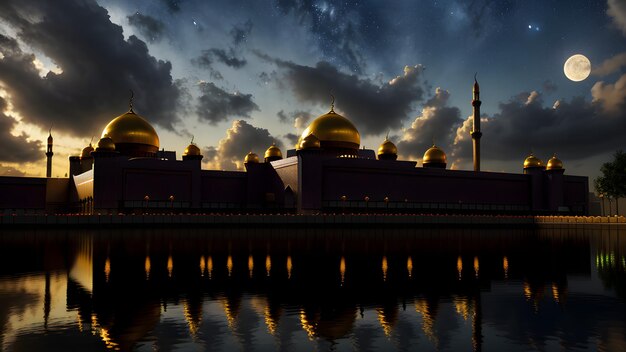 Une mosquée le soir avec la lune derrière elle