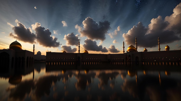 Une mosquée le soir avec le soleil qui brille à travers les nuages