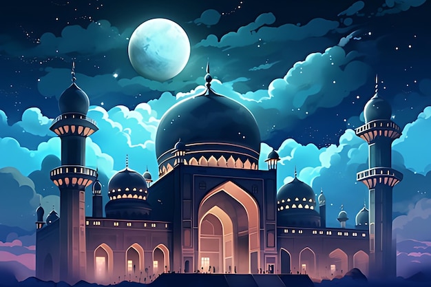 Une mosquée sous un ciel étoilé avec la lune en arrière-plan.