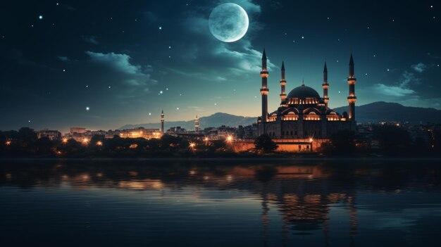 La mosquée Suleymaniye avec un croissant au-dessus du ciel nocturne sans éclaboussure photo de haute qualité haut détail