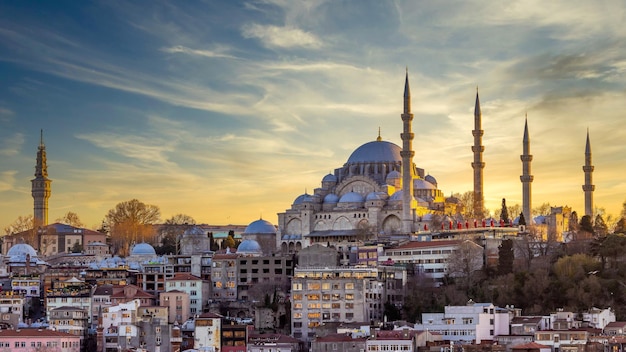 Mosquée Suleymaniye dans le quartier de Sultanahmet vieille ville d'Istanbul Turquie Coucher de soleil à Istanbul Turquie avec la mosquée Suleymaniye Belle vue ensoleillée d'Istanbul avec la vieille mosquée à Istanbul Turkiye