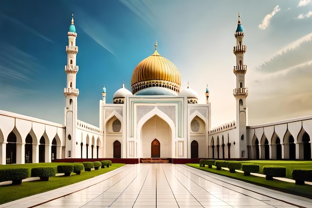 Une mosquée surmontée d'un dôme doré.