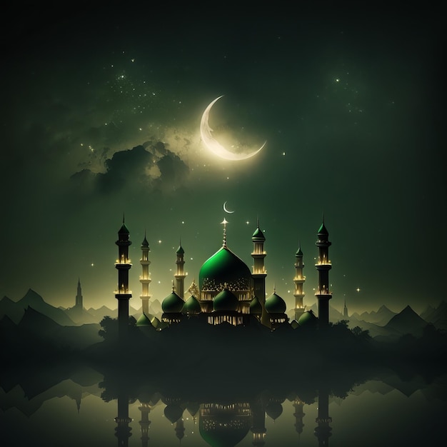 Une mosquée verte et blanche avec la lune en arrière-plan