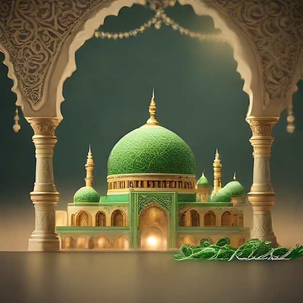 une mosquée verte avec un dôme vert et un fond vert