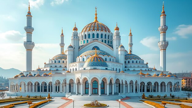 Photo la mosquée de la ville de kota kinabalu la mosquée flottante ou masjid bandaraya kota kinapalu avec une fusée éclairante