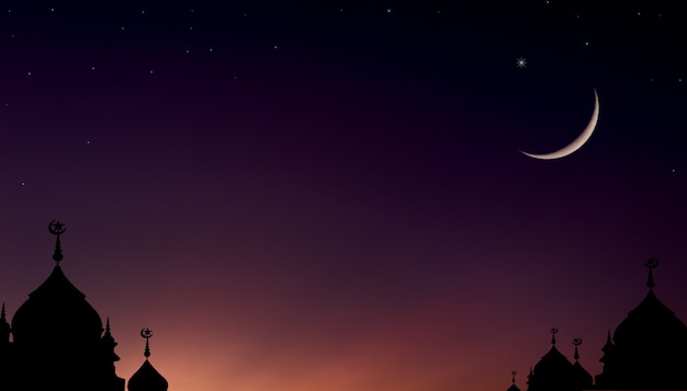 Mosquées de dôme de silhouette et croissant de lune sur le symbole de ciel de crépuscule de religion Ramadan Muharram islamique