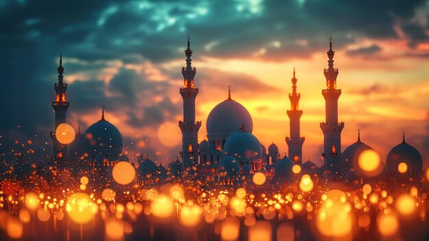 Photo des mosquées lumineuses scintillantes incarnant la spiritualité et la révérence du ramadan avec un espace de copie