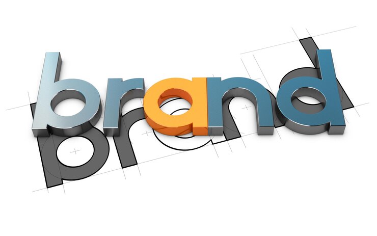 Photo mot 3d sur fond blanc et croquis, illustration conceptuelle du design de la marque.