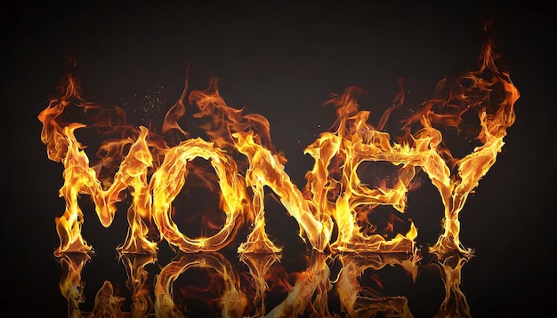 Le mot 3D MONEY fait de feu, de flammes, d'un fond noir, d'une flamme orange chaude.