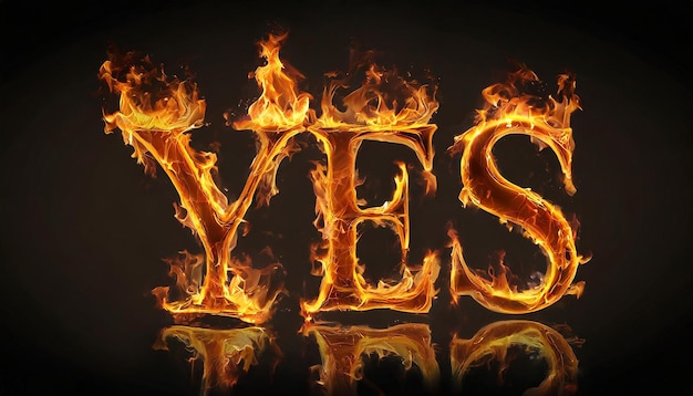 Photo le mot 3d yes fait de feu, de flammes, d'un fond noir, d'une flamme orange chaude.