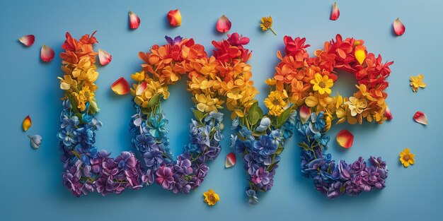 Le mot amour écrit avec des fleurs multicolores des papillons un fond bleu un espace de copie plat