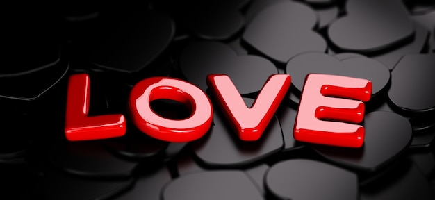 Photo mot amour sur fond de formes coeurs noirs, rendu 3d pour carte de saint-valentin, image horizontale.