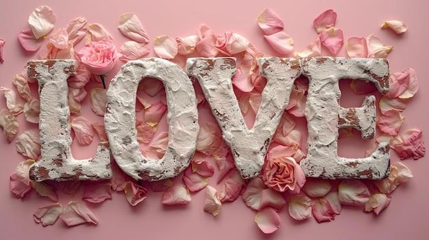 Le mot "Amour" sur un fond rose avec des pétales de rose pour la Saint-Valentin.