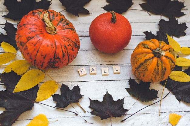 Photo mot automne et citrouilles et feuilles sur une planche de bois