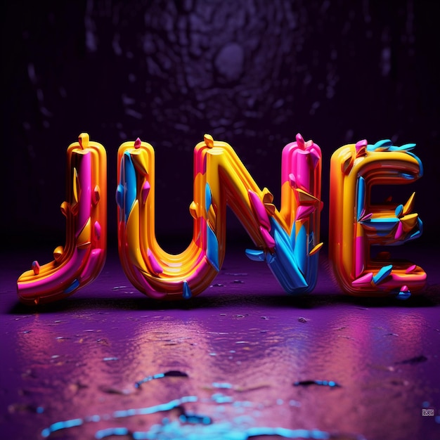 Photo un mot coloré juin s'affiche sur un fond violet.