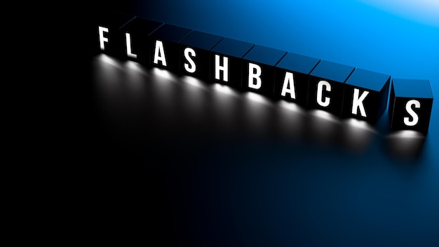 Le mot éclairé au néon Flashbacks sur des cubes avec espace de copie Rendu 3D du concept Flashback