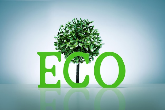 Mot eco fait de lettres en bois avec arbre vert. Journée de la terre éco concept.