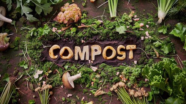 Mot génératif AI Compost fabriqué à partir de compost de déchets alimentaires et d'arrière-plan environnemental du sol