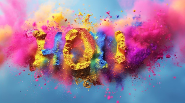 Un mot Holi vibrant sur un fond coloré avec une poudre colorée explosive