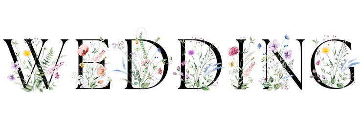 Photo mot mariage fait avec des lettres noires aquarelle fleurs sauvages et feuilles élément isolé