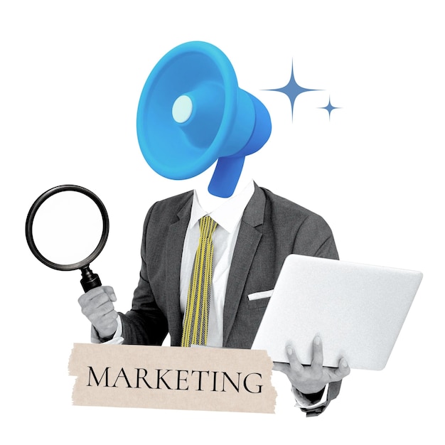 Le mot marketing est un autocollant png, un mégaphone, un chef d'entreprise, un remix sur un fond transparent.