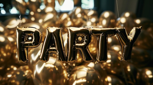 Photo le mot party écrit avec des ballons en papier d'or