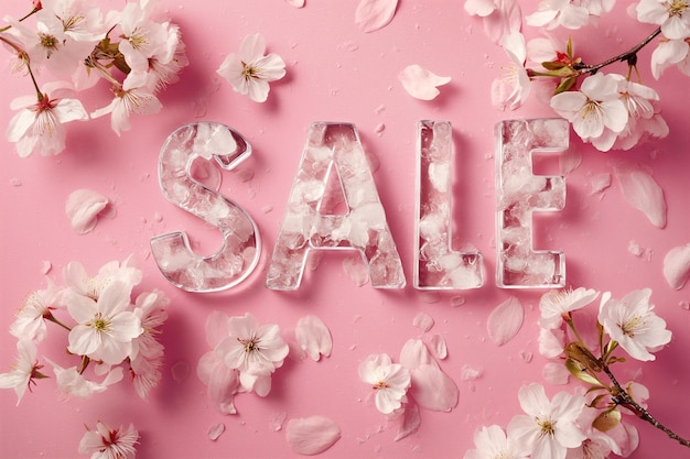 Photo le mot sale fait de glace avec des fleurs de printemps autour des cubes de glace congelés formant un panneau symbole de remise de vente carte de vente de printemps pour la promotion des médias sociaux banner de la saison des ventes du black friday