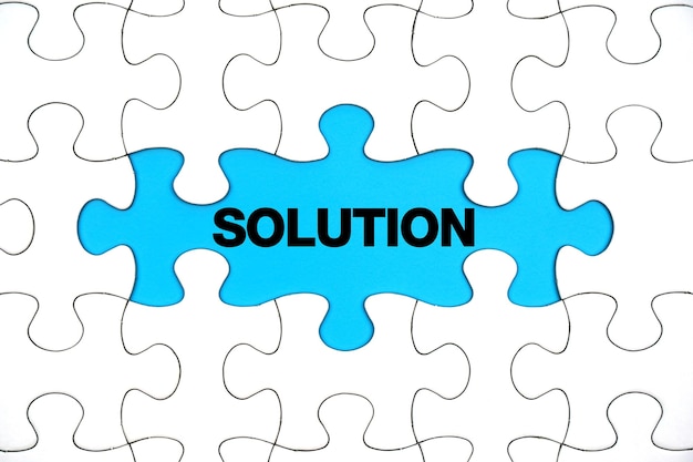 Le mot solution dans les blancs des puzzles, des concepts commerciaux, des problèmes et des solutions.