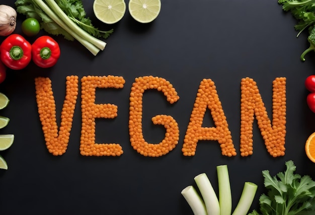 Le mot VEGAN est écrit avec des lentilles orange sur une surface noire entourée de divers légumes.