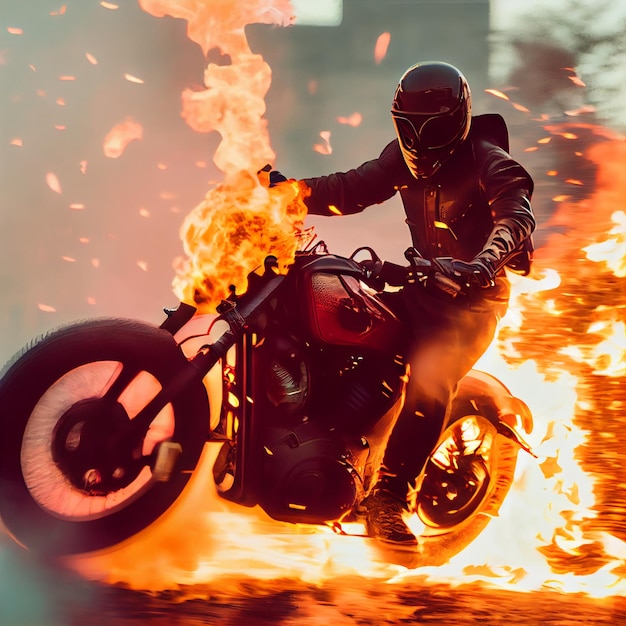 Motard chevauchant une moto classique sur une moto chopper ou scrambler épique en feu