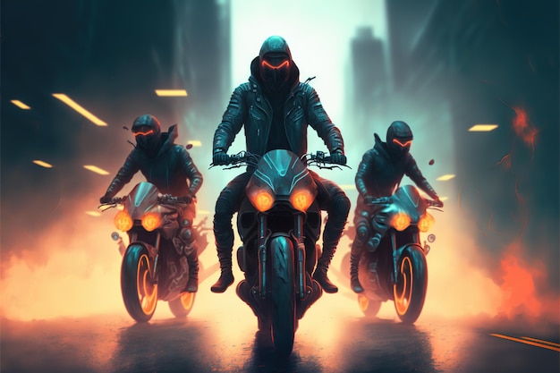 Motard de groupe dans la rue futuriste sombre