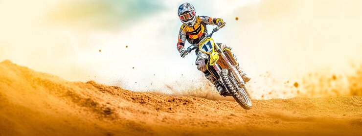 Motard de motocross sur une dune dans la bannière du désert avec espace de copie réalisé avec Generative AI