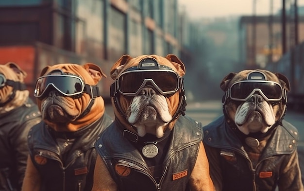 Motards bouledogues avec des lunettes et une veste en cuir Generative AI