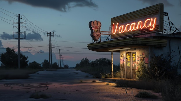 Photo un motel rétro avec un panneau néon de vacance le motel est situé sur une autoroute solitaire au crépuscule le ciel est nuageux et la route est vide