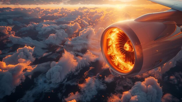Un moteur d'avion en feu vu d'en haut dans le ciel au-dessus des nuages Un avion vole