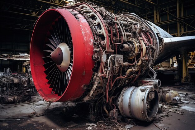 Photo moteur à réaction d'avion cassé réparé dans le hangar