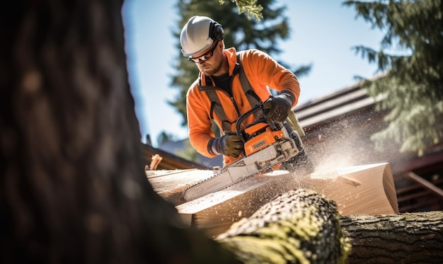 Avec un moteur rugissant, l'homme a tranché l'arbre à l'aide de la scie à essence