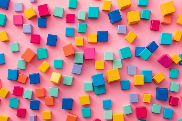 Un motif 3D de blocs de jouets colorés posés à plat sur un fond rose