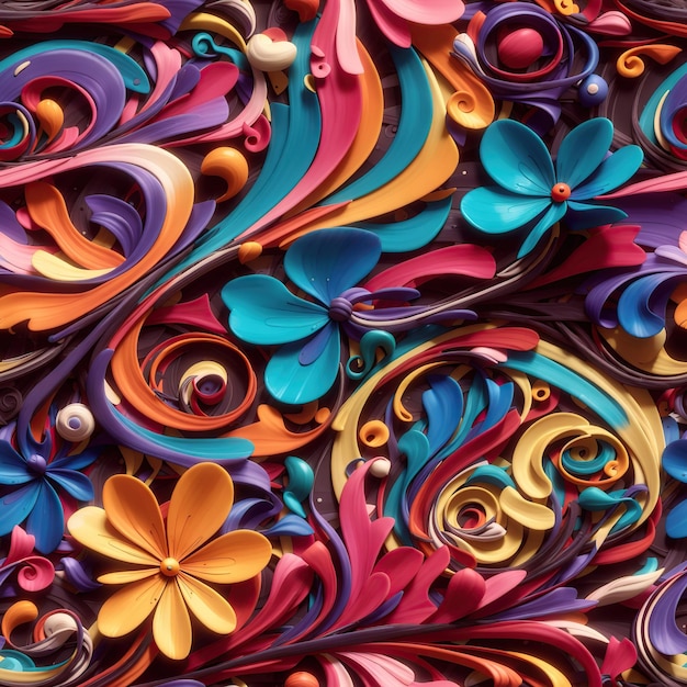 motif 3D sans couture coloré et vibrant à l'arrière-plan tourbillonnant et fleuri